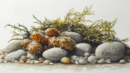 A serene coastal scene depicting a cluster of textured rocks intertwined with vibrant seaweed and smooth pebbles, perfect for nature enthusiasts.の素材