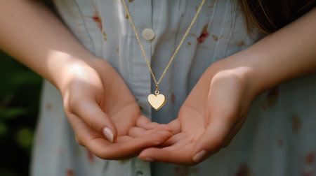 Beautiful hands gently hold a delicate gold heart necklace, symbolizing love and connection, surrounded by soft, natural light for a serene atmosphere.の素材