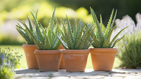 A charming arrangement of aloe vera plants in terracotta pots showcases lush green foliage, enhancing any outdoor garden with a natural and vibrant aesthetic.の素材