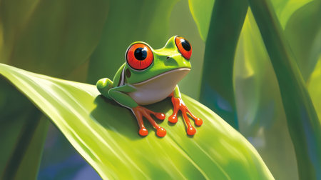 A vivid depiction of a tree frog resting on a lush green leaf in its natural habitat. The frog's striking red eyes and shiny skin highlight the beauty of nature.の素材
