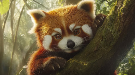 A charming red panda clings to a tree branch, with soft fur and expressive eyes, showcasing its playful personality amidst a vibrant forest backdrop.の素材