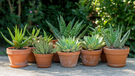 A vibrant arrangement of various succulents and cacti in terra cotta pots, showcasing unique shapes and colors under natural sunlight in a garden.の素材