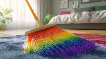 A vibrant rainbow broom rests on a colorful carpet, bringing a cheerful touch to a sunlit room. This image captures the essence of cleaning with style.の素材