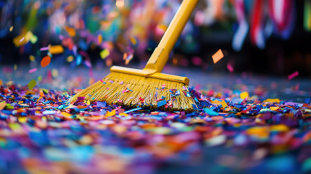 A yellow broom sweeps colorful confetti from a festive surface, capturing the lively spirit of celebration and joyful events in a vibrant atmosphere.の素材