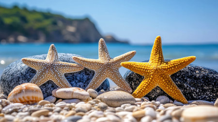 This vibrant image showcases colorful starfish resting on smooth pebbles at a serene beach, accented by clear blue water and a bright sky, perfect for nature lovers.の素材