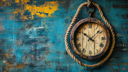 This image features a rustic vintage wall clock with a wooden texture, suspended by a rope against a vibrant, weathered background. The combination of textures and colors adds a unique charm to any interior space.の素材