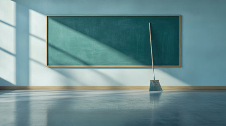 This image features an empty classroom with a green chalkboard and a broom casting soft shadows in natural light, highlighting a minimalist design and cleanliness.の素材
