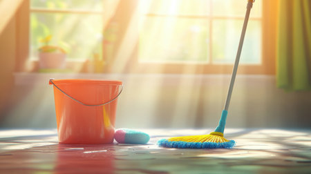 A serene interior scene features a colorful mop and a bucket, illuminated by warm sunlight streaming through a window, evoking a sense of cleanliness and fresh start.の素材