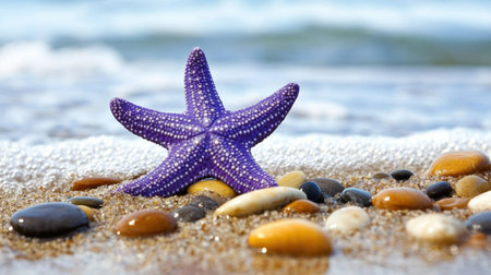 This image showcases a vibrant purple starfish resting on a bed of smooth pebbles along a sandy beach. Gentle ocean waves create a serene backdrop, highlighting the beauty of marine life in a peaceful coastal setting.の素材