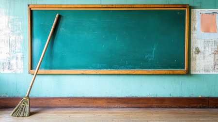 This image features a rustic classroom setting with a vintage chalkboard mounted on a teal wall, complemented by a broom resting on the wooden floor, evoking a sense of nostalgia and simplicity.の素材
