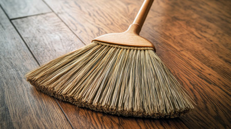 A close-up view of a natural broom resting on a beautiful wooden floor. This image showcases cleaning tools in a rustic and minimalist style, emphasizing hygiene and home care.の素材