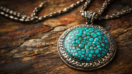 This stunning turquoise pendant showcases intricate silver detailing, resting beautifully on a rustic wooden surface, perfect for showcasing elegance in jewelry design.の素材
