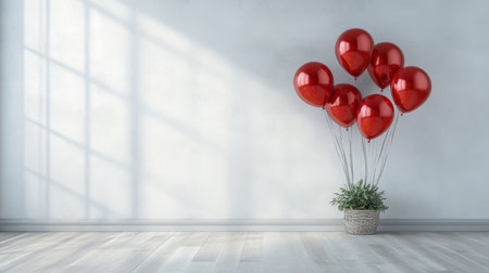 A serene indoor scene featuring vibrant red heart-shaped balloons in a stylish basket, enhancing the minimalist decor with natural light and soft shadows.の素材