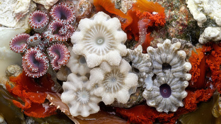 This image showcases a stunning array of colorful coral species in a vibrant underwater setting, displaying unique textures and intricate patterns.の素材