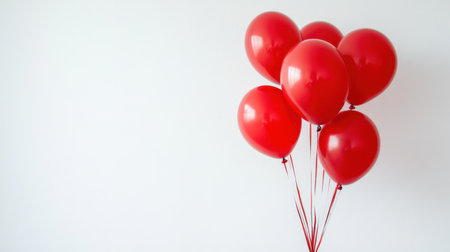 A cluster of bright red balloons stands out against a clean white background, symbolizing celebration and joy. Perfect for event themes and festive decorations.の素材
