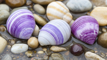 A close-up view of beautifully striped seashells nestled among pebbles on a beach, reflecting delicate colors and textures in calm water.の素材