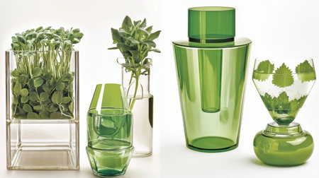 This image features a captivating arrangement of green glassware paired with lush greenery, perfect for elevating modern interior aesthetics and inspiration.の素材