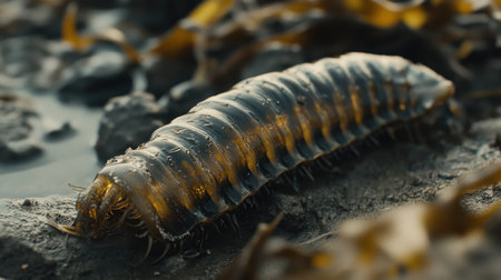 This striking close-up showcases an ancient marine creature resting on a rocky shore, surrounded by seaweed and natural elements. The intricate texture of its body glistens, capturing the essence of marine life.の素材