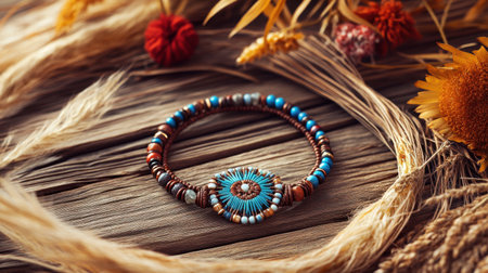 A beautifully crafted handmade turquoise bracelet is showcased against a backdrop of dried flowers and natural elements, highlighting its unique charm.の素材