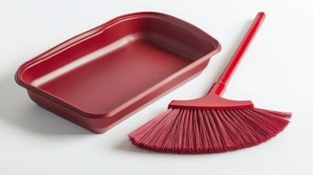 This image showcases a vibrant red broom and dustpan set, designed for effective cleaning tasks and maintaining a tidy household environment.の素材
