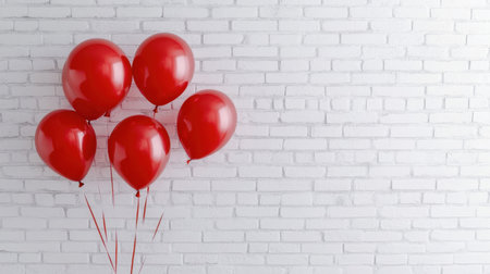 A captivating image featuring five glossy red balloons floating against a pristine white brick wall. Ideal for conveying festive spirit and joy.の素材
