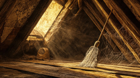 An atmospheric attic captures enchanting sunlight streaming through a small window, illuminating dust and cobwebs around a rustic broom, creating a serene ambiance.の素材