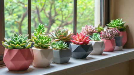A lively display of colorful succulent plants arranged in modern geometric pots sits on a bright windowsill, offering a serene view of a lush garden outside.の素材
