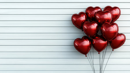 A collection of shiny red heart balloons floats against a textured white wooden background, ideal for romantic events, celebrations, and heartwarming occasions.の素材