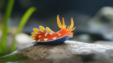 A stunning close-up of a brightly colored nudibranch resting on a rock in its natural underwater habitat, showcasing the rich biodiversity and serene beauty of ocean life.の素材