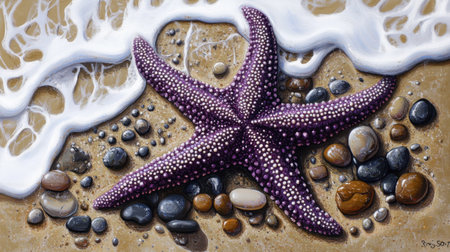 A vibrant purple starfish rests on a sandy beach surrounded by colorful pebbles, with gentle waves lapping at the shore, embodying coastal beauty.の素材