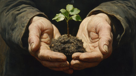 A close-up view of hands gently cradling a small seedling emerging from rich soil, symbolizing hope, nurturing, and the connection between humanity and nature.の素材