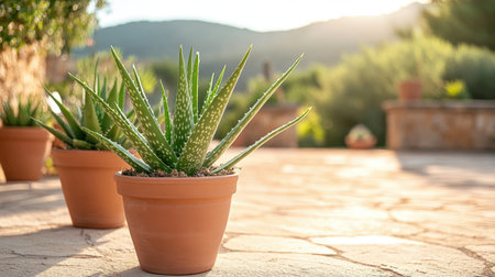 A vibrant aloe vera plant in a terracotta pot sits on a stone patio, capturing the serene beauty of nature with a backdrop of mountains at sunset.の素材