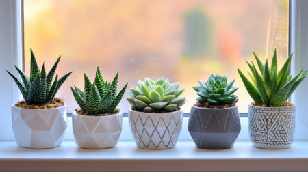 A charming array of diverse succulent plants arranged on a sunny windowsill, showcasing vibrant colors and unique shapes, perfect for home decor inspiration.の素材