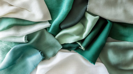 A visually appealing arrangement of soft fabric textures showcasing various shades of green, white, and blue. Ideal for background or design applications.の素材