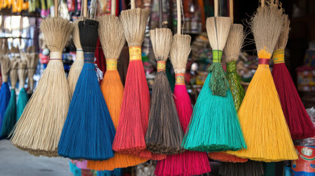 This vibrant image showcases a range of colorful traditional brooms hanging for sale in a market. The brooms reflect craftsmanship and cultural heritage.の素材