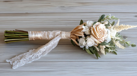 This elegant bridal bouquet features a stunning arrangement of cream roses and lush greenery, beautifully crafted for a romantic wedding setting.の素材