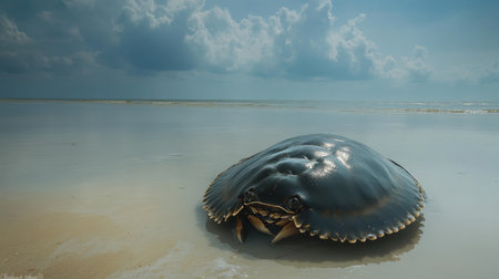 This captivating image showcases a horseshoe crab resting peacefully on the beach, surrounded by calm waters and a stunning sky filled with soft clouds, highlighting the beauty of marine life.の素材
