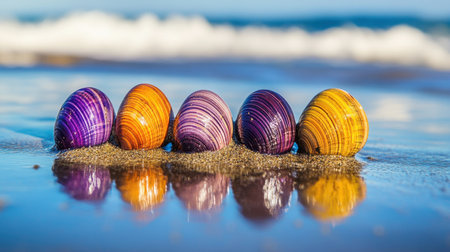A captivating display of colorful shells resting on smooth beach sand, reflecting gentle ocean waves under a bright blue sky, inviting serene moments.の素材