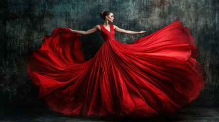A graceful woman in an elegant red dress twirls, showcasing the beautiful movement of fabric against a textured backdrop. The scene captures striking beauty and vibrant style.の素材