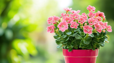 A stunning close-up of vibrant pink flowers in a bright pot set against a soft, blurred garden backdrop, symbolizing nature's beauty and tranquility.の素材