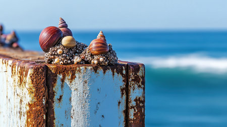 Close-up view of colorful sea shells resting on an aged wooden dock. The gentle ocean waves provide a tranquil background, perfect for nature lovers.の素材