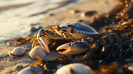 A vibrant crab scuttles along a sandy beach, surrounded by seashells and seaweed. The soft sunlight casts a warm glow, creating a tranquil coastal scene.の素材