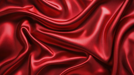 This image showcases a luxurious deep red satin fabric featuring smooth and flowing waves, creating an elegant texture for various design applications.の素材