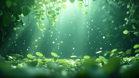 This enchanting image captures a lush green forest scene, where sunlight filters through the leaves, creating a serene atmosphere filled with glittering particles.の素材