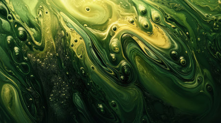 This abstract artwork features vibrant green and yellow fluid patterns with swirling motions and bubbles, creating a captivating visual experience full of depth and energy.の素材