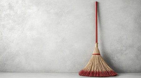 A simple broom stands against a textured concrete wall, embodying minimalist design. This image captures the essence of cleanliness and organization in a home setting.の素材