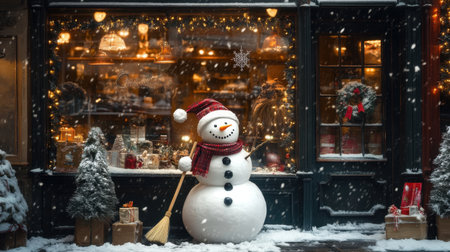 A charming snowman stands outside a cozy storefront adorned with festive decorations and warm lights, creating a joyful winter scene filled with holiday cheer.の素材