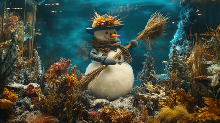 This enchanting image features a whimsical snowman immersed in an underwater paradise, adorned with vibrant corals and unique marine life, perfect for holiday-themed designs.の素材