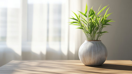 A vibrant bamboo plant in a contemporary pot sits on a table, beautifully illuminated by soft sunlight filtering through a window, enhancing indoor serenity.の素材