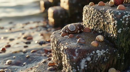 A stunning close-up image capturing the intricate details of shells and barnacles on rocks along a shoreline, with gentle waves creating a serene coastal atmosphere.の素材